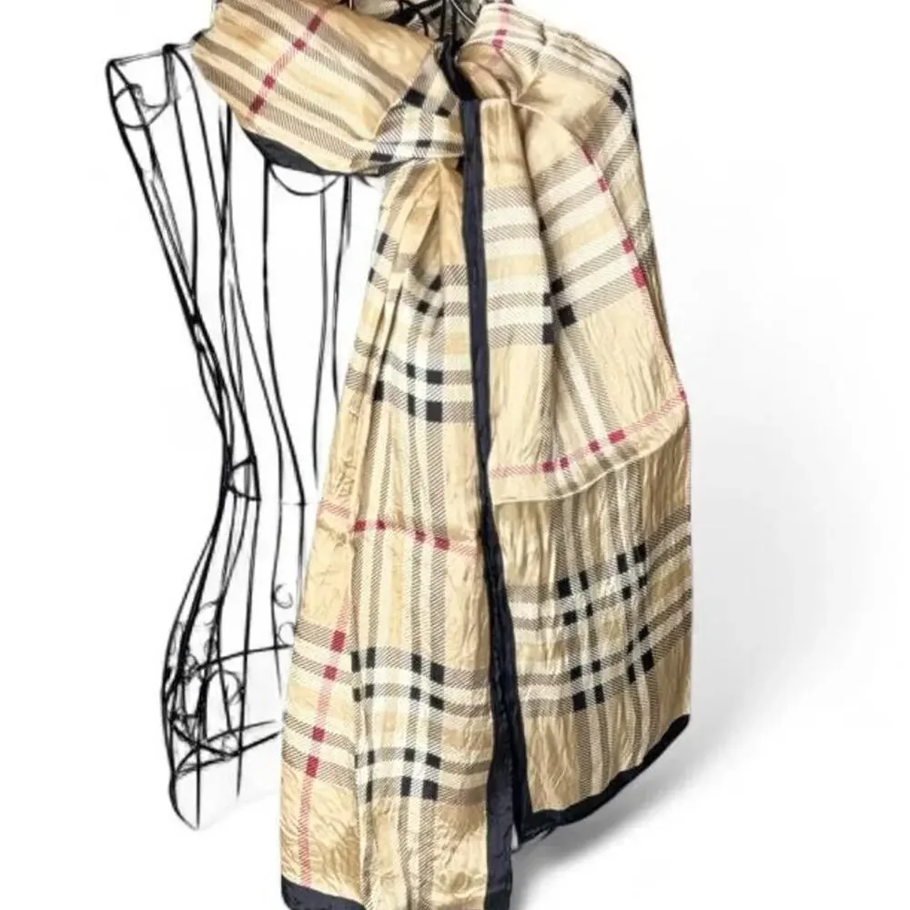 Vintage House Check Silk Blend Lightweight Scarf Beige Plaid. No tags